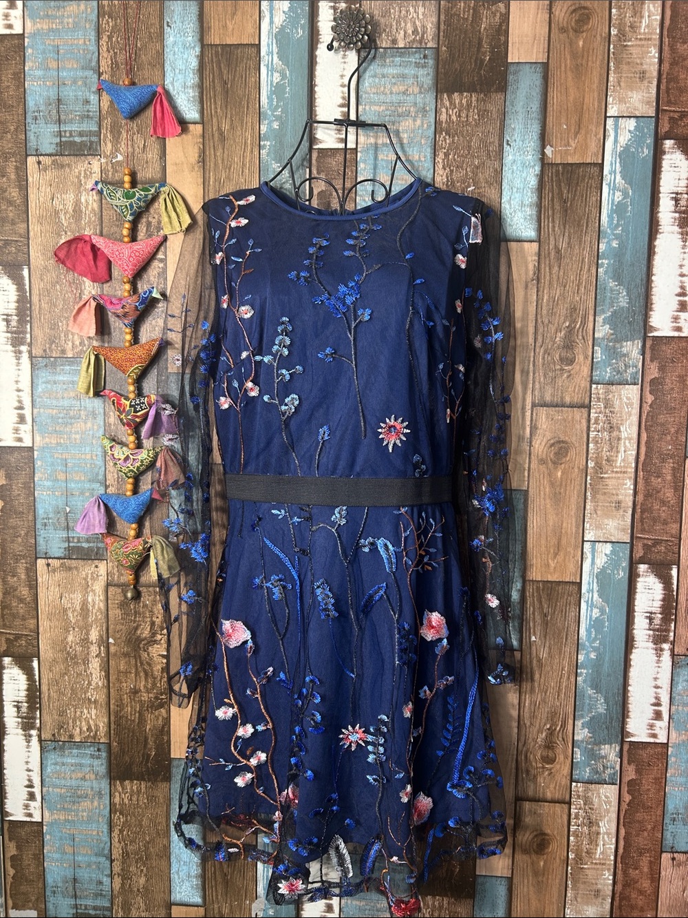 CBR Navy Blue Embroidered Mesh Long Sleeve Dress